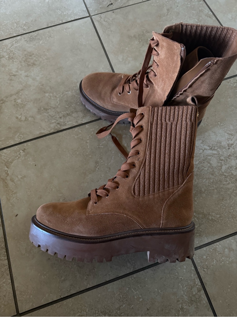 Sam Edelman Tan Lace-Up Platform Combat Boots